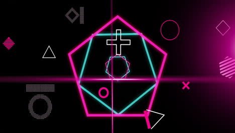 Animation-of-rotating-shapes-and-pink-and-blue-hexagons-with-pink-scanner-beams-on-black-background