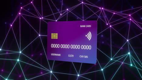 Animation-of-credit-card-with-data-over-glowing-mesh-on-black-background