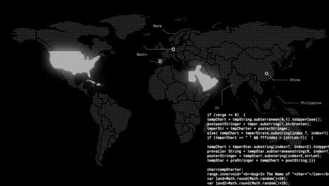 Animation-Der-Datenverarbeitung-über-Einer-Blinkenden-Weltkarte-Auf-Schwarzem-Hintergrund