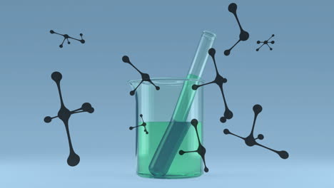 Animation-Von-Molekülen,-Die-Sich-über-Ein-Reagenzglas-Und-Einen-Becher-Im-Labor-Bewegen
