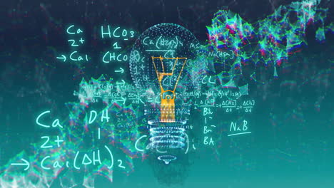 Animation-of-light-bulb-with-network-of-connections-over-mathematical-equations-on-blue-background