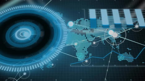 Animation-of-circular-scanner-over-charts,-world-map-and-communication-network-on-dark-background