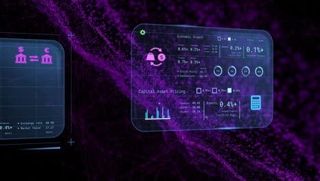 Animation-of-financial-data-processing-over-purple-spots-on-black-background