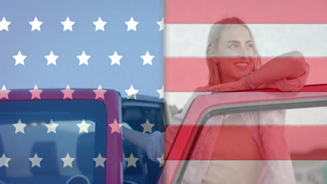 Animation-of-flag-of-usa-over-caucasian-woman-by-car-on-beach