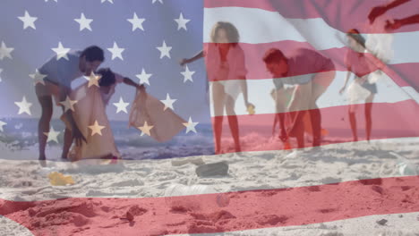 Animación-De-La-Bandera-De-Estados-Unidos-Sobre-Amigos-Diversos-Y-Felices-Reciclando-En-La-Playa-En-Verano.
