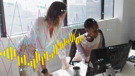 Animation-of-graph-processing-data-over-diverse-female-colleagues-talking-at-desk-in-casual-office