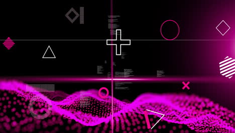 Animation-of-rotating-shapes,-pink-scanner-beams-and-network-waves-over-processing-data,-on-black