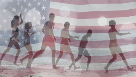 Animation-Der-Flagge-Der-USA-über-Glücklichen,-Unterschiedlichen-Freunden-Am-Strand-Im-Sommer