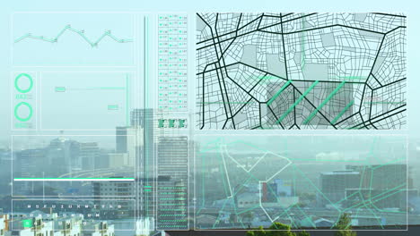 Animation-Der-Datenverarbeitung-Und-Karte-über-Der-Stadt