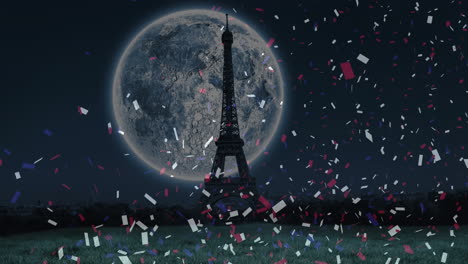 Animation-of-confetti,-full-moon-and-eiffel-tower-background