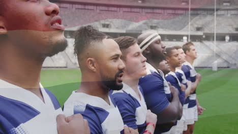 Animation-of-flag-of-hungary-over-diverse-male-rugby-team-on-pitch-before-match