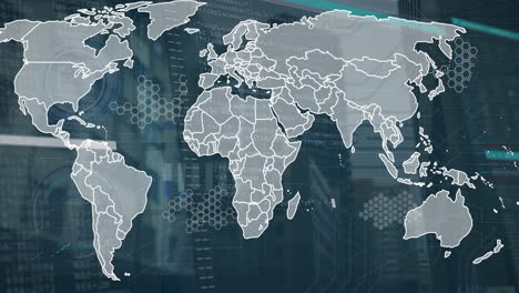 Animation-of-world-map-and-data-processing-over-cityscape