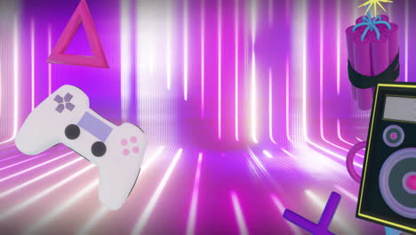 Animation-of-game-controllers,-equipment-and-icons-over-purple-and-white-moving-neon-lines