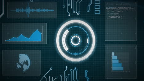 Animation-of-network-of-connections,-data-processing-and-scope-scanning-over-black-background