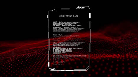 Animation-of-glitching-interface-collecting-data-over-red-network-waves,-on-black-background