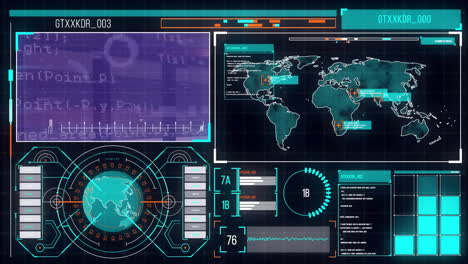 Animation-of-diagrams,-scope-scanning-and-data-processing-over-world-map-and-globe