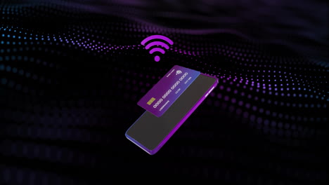 Animation-of-smartphone-and-credit-card-with-data-over-black-background