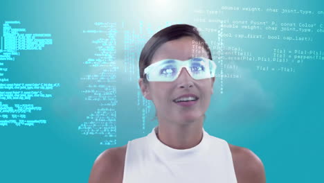 Animation-of-caucasian-woman-in-vr-glasses-over-data-processing