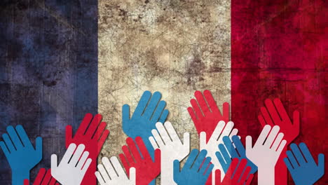 Animation-of-red,-white-and-blue-hands-over-flag-of-france-background