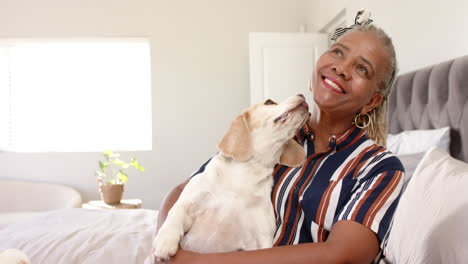 A-senior-African-American-woman-is-holding-dog,-both-looking-happy