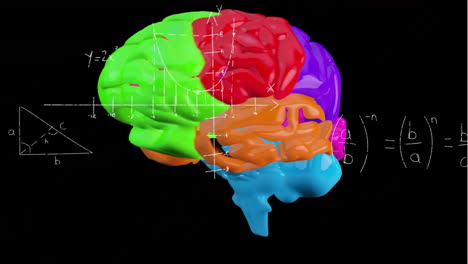 Animation-of-colourful-spinning-brain-over-mathematical-equations