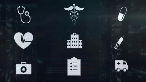 Animation-of-medical-icons-and-data-processing-over-black-background