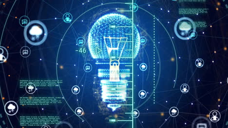 Animation-of-scanner,-processing-data,-light-bulb-and-communication-networks-on-dark-background