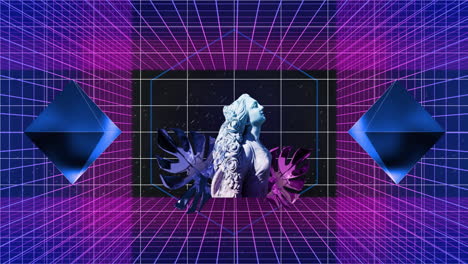 Animation-of-3d-diamonds,-glitching-classical-statue-and-leaves-over-purple-grids-on-dark-background