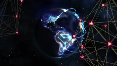 Animation-Des-Netzwerks-Von-Verbindungen-Mit-Symbolen-Auf-Der-Ganzen-Welt