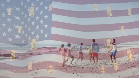 Animation-Der-US-Flagge-Und-Biersymbole-über-Fröhlichen,-Unterschiedlichen-Freunden,-Die-Am-Strand-Fußball-Spielen