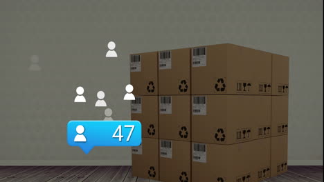 Animation-of-increasing-social-media-notification-and-people-icons-over-stacked-cardboard-boxes