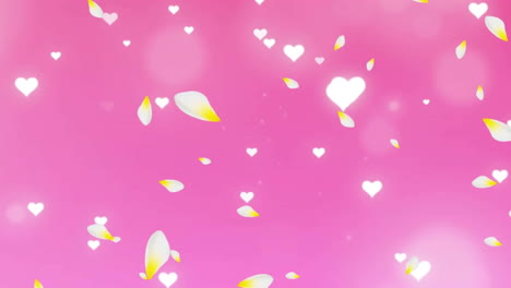 Animation-of-hearts-and-glowing-spots-of-light-moving-on-pink-background