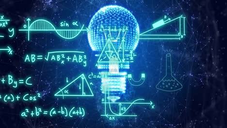Animation-of-mathematical-equations-over-light-bulb-and-networks-on-dark-background