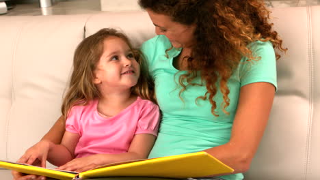 Mother-and-daughter-reading-book-on-the-couch