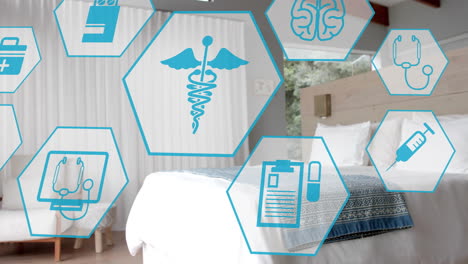 Animación-De-íconos-Médicos-Sobre-Una-Habitación-Vacía-Con-Cama-En-El-Hospital