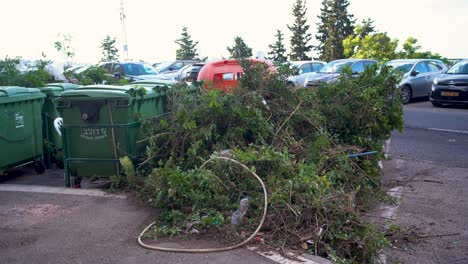 Editorial-Haifa-Israel-05-29-2024:-A-pile-of-Yard-and-garden-trimmings-next-to-garbage-containers-on-HaPerahim-Street,-Romema-neighborhood-in-Haifa,-Israel