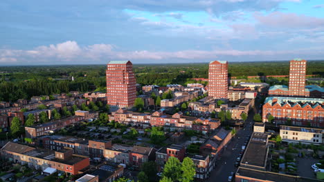 Aerial-view-at-golden-hour-with-modern-buildings-at-Amersfoort-Vathorst,-The-Netherlands