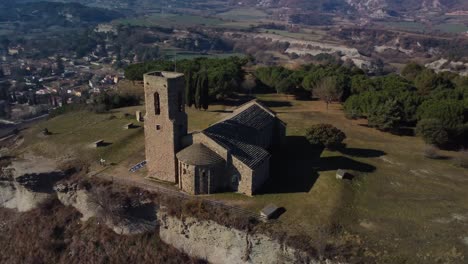 Historic-stone-church-on-a-hill-with-scenic-views-of-Tona-in-Barcelona,-Spain