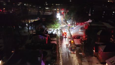 Firefighter-Vehicles-Responding-to-School-Fire-in-Montréal,-Canada,-Aerial