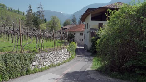 A-scenic-idyllic-village-alley-on-a-nice-and-sunny-day-in-the-town-of-Entiklar---Niclara-by-Kurtatsch---Cortaccia,-South-Tyrol,-Italy