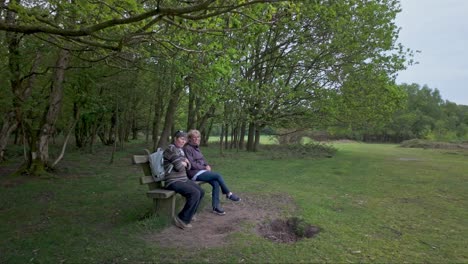 Female-walking-friends-sit-enjoying-companionship-among-peaceful-nature