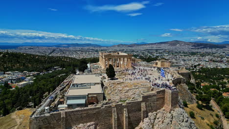 Aerial-orbit-around-famous-acropolis-in-Greece,-panorama-view-to-city-Athen