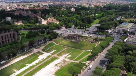 Birds-Eye-Aerial-View-Above-Moletta-Tower-at-Circo-Massimo