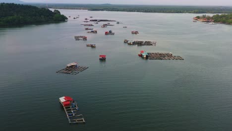 Ein-Drohnenüberflug-Fängt-Die-Ruhige-Schönheit-Traditioneller-Schwimmender-Fischfarmen-Ein,-Wo-Holzkonstruktionen-Mit-Käfigen-Und-Netzen-Das-Ruhige-Wasser-Für-Eine-Florierende-Aquakultur-Nutzen.