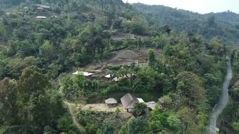 Drone-view-shot-of-landscape-or-houses-and-environment-of-people-living-in-Nagaland,-India