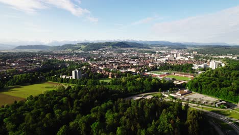 Aerial-view-of-Hochfeld-suburb-of-Bern,-Switzerland,-4K