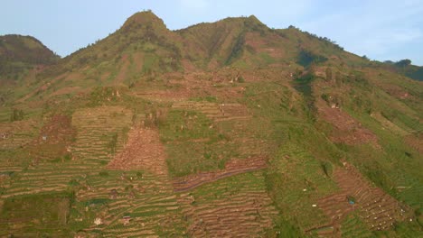 Farmland-on-a-hill-in-Indonesia,-rough-agricultural-terrain,-drone-forward
