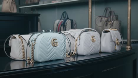 Una-Variedad-De-Elegantes-Bolsos-De-Gucci-Se-Exhiben-Elegantemente-En-Una-Boutique-De-Lujo,-Mostrando-Varios-Diseños-Con-Herrajes-Dorados-Y-Detalles-Sofisticados.