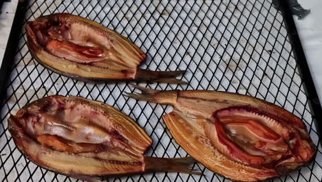 Filleted-dried-fish-cooked-wide-open-on-grill-removed-by-gloved-hands-from-tray