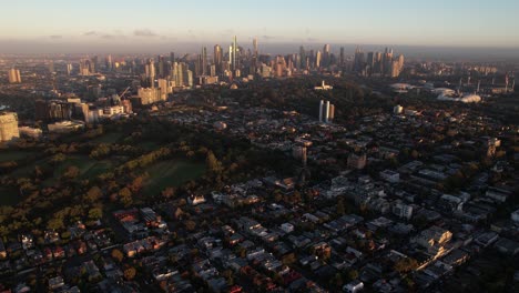 Melbourne-Australia-on-Sunny-Morning,-Aerial-View-of-Fawkner-Park,-Botanical-Garden-and-Downtown-Buildings